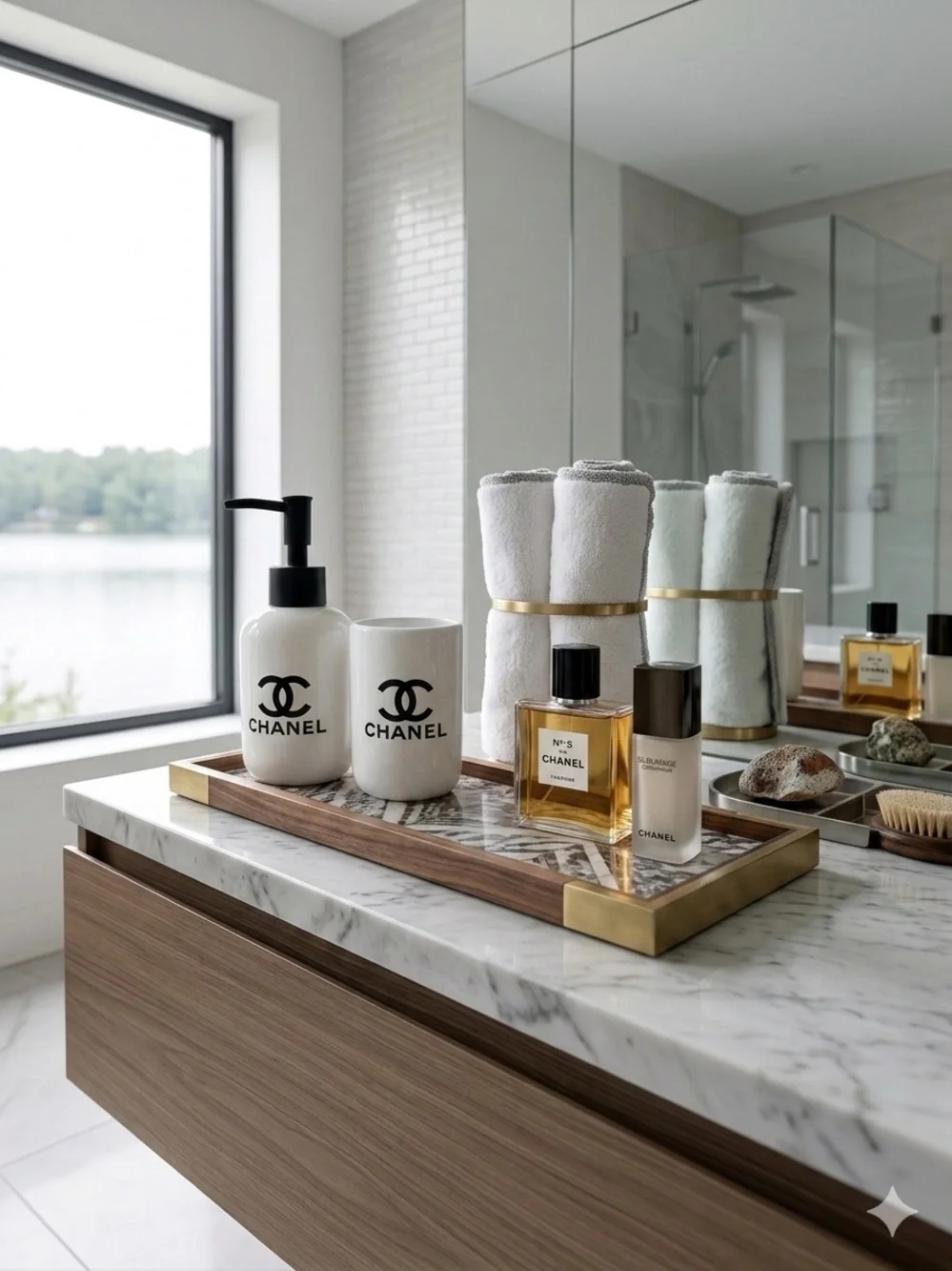 ChaneI White Ceramic Vanity Dispenser and Cup Set with Black Logo
